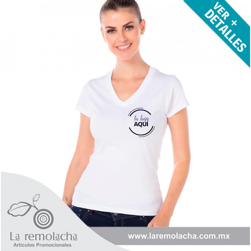 Playera para dama, color blanca, cuello V. Serigrafia.